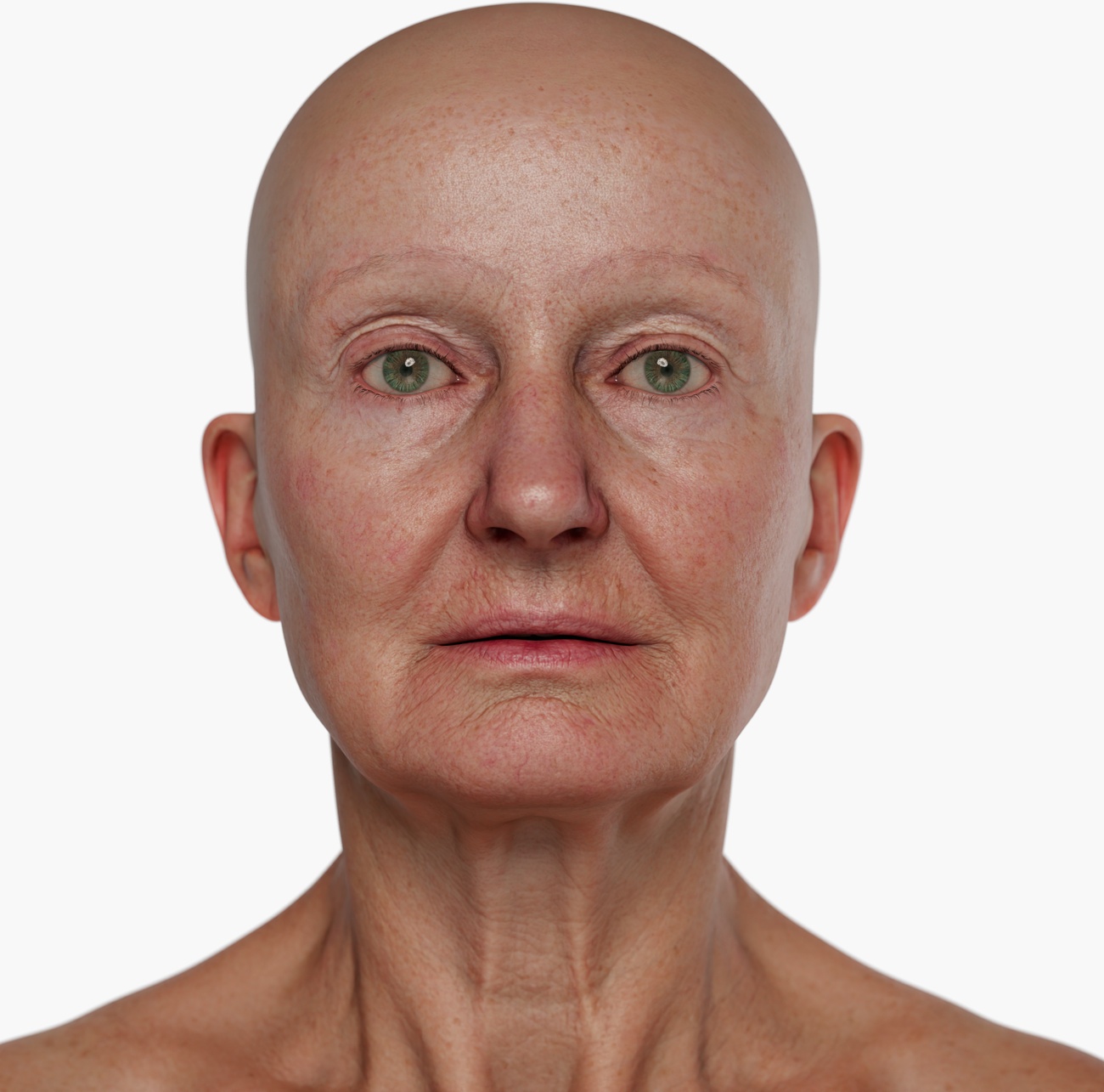 High-resolution head scan render of an older female 3D model with fine wrinkles and mature skin texture